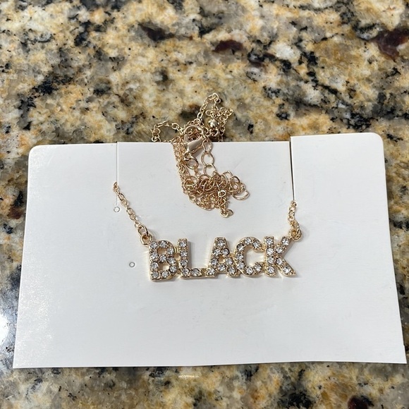 “Black” Word Rhinestone Gold Necklace - Picture 5 of 12